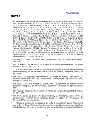 Volver al índice

NOTAS
1
    En el conocer, las potencias se conocen por los actos, y éstos por los objetos.
    Cfr. In I Sententiarum, d. 3, q. 1, a. 2 ad 3; d. 17, q. 1, a. 4, co y ad 4; d. 17, q.
    1, a. 5, ad 4; In II Sententiarum, d. 23, q. 2, a. 1,co; d. 44, q. 2, a. 1, co; In III
    Sententiarum, d. 9, q. 2, a. 1, sc. 2; d. 9, q. 2, a. 2, co; q. 14, q. 1, a.. 2, b, ad
    2; d. 23, q. 3, a. 1, c, sc. 1; d. 24, q. 1, a. 1, a, ad 5; d. 33, q. 1, a. 1, c, sc, 2;
    d. 33, q. 2, a. 1, a, co; d. 34, q. 1, a. 6, co; d. 34, q. 2, a. 3, a, sc. 2; d. 34, q.
    2, a. 3, b, sc. 2; In IV Sententiarum, d. 14, q. 1, a. 1, c, sc. 1; d. 15, q. 2, a. 1,
    a, ad 2; d. 16, q. 3, a. 2, b, ad 2; d. 41, q. 1, a. 4, a, sc. 1; d. 49, q. 2, a. 5, co;
    d. 50, q. 1, a. 3, co; Q. D. De Veritate, q. 10, a. 9, ad 7; q. 15, a. 2, co; q. 19, a.
    1, sc. 2; Q. D. De Anima, q. 13.sc1; q. 16, ad 8; In De Anima, lib. I. lec. 7, n.
    16; lec. 8, n. 5; In De Anima, lib. 2, lec. 2, n. 1; Super ad Hebraeos, 11, 1/21;
    In Dionysii de Divinis Nominibus, 4, 1/61; In Ethicorum, l. 4, cap. 6, n. 7; l. 5,
    cap. 16, n. 13; l. 6, cap. 3, n. 10; Summa Contra Gentes, l. 1, n1; De
    Substantiis Separatis, 20/344; Summa Theologiae, I ps., q. 77, a. 3, sc; q. 78,
    a. 1, co; I-II ps., q. 17, a. 3, ad 2; q. 54, a. 2, sc; II-II ps., q. 4, a. 1, co; q. 81,
    a. 3, co. En la voluntad también los actos se conocen por los objetos, cfr.In IV
    Sententiarum, d. 15, q. 3, a. 1,c, co; Q. D. De Potentia, q. 2, a. 3, ad 3; Summa
    Contra Gentes, l. 3, cap. 26, .n. 9.
2
    Cfr. POLO , L., Curso de Teoría del Conocimiento, vols. I-V, Pamplona, Eunsa,
    1985-96.
3
    Cfr. mi artículo: "La extensión de la axiomática según Leonardo Polo", en Studia
    Poliana, 2 (2000), pp. 72-113.
4
        Cfr. mi libro Conocer y amar. Estudio de los objetos y de las operaciones del
    entendimiento y de la voluntad según Tomás de Aquino, Pamplona, Eunsa, 2ª
    ed., 2000.
5
    Cfr. POLO , L., Antopología Trascendental (I), Pamplona, Eunsa, 1999; PIÁ, S., El
    hombre como ser dual. La antropología trascendental de Leonardo Polo,
    Pamplona, Eunsa, 2001.
6
    Cfr. POLO , L., El ser I, Pamplona, Eunsa, 1997; "El conocimiento habitual de los
    primeros principios", en Nominalismo, idealismo y realismo, Pamplona, Eunsa,
    1997.
7
    Cfr. POLO , L., Ética: hacia una versión moderna de temas clásicos, Madrid, Aedos,
    2ª ed., 1997.
8
    Cfr. POLO , Curso de Teoría del Conocimiemto, V, Pamplona, Eunsa, 1996, El
    conocimiento racional de la realidad, Curso de Doctorado, Universidad de
    Navarra, 1992, pro manuscripto.
9
         “Persona significa lo perfectísimo en toda la naturaleza”, Suma Teológica, I
    ps., q. 29, a. 3, co. “Este nombre de persona no ha sido impuesto para significar
    el individuo por parte de la naturaleza, sino para significar la realidad subsistente



                                              14
 