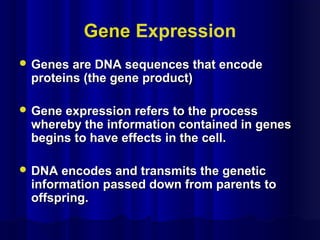 GeneGene Expression
 Genes are DNA sequences that encodeGenes are DNA sequences that encode
proteins (the gene product)proteins (the gene product)
 Gene expression refers to the processGene expression refers to the process
whereby the information contained in geneswhereby the information contained in genes
begins to have effects in the cell.begins to have effects in the cell.
 DNA encodes and transmits the geneticDNA encodes and transmits the genetic
information passed down from parents toinformation passed down from parents to
offspring.offspring.
 