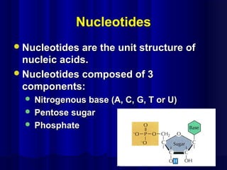 Nucleotides
Nucleotides are the unit structure ofNucleotides are the unit structure of
nucleic acids.nucleic acids.
Nucleotides composed of 3Nucleotides composed of 3
components:components:
 Nitrogenous base (A, C, G, T or U)Nitrogenous base (A, C, G, T or U)
 Pentose sugarPentose sugar
 PhosphatePhosphate
 