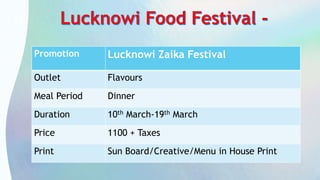 Promotion Lucknowi Zaika Festival
Outlet Flavours
Meal Period Dinner
Duration 10th March-19th March
Price 1100 + Taxes
Print Sun Board/Creative/Menu in House Print
 