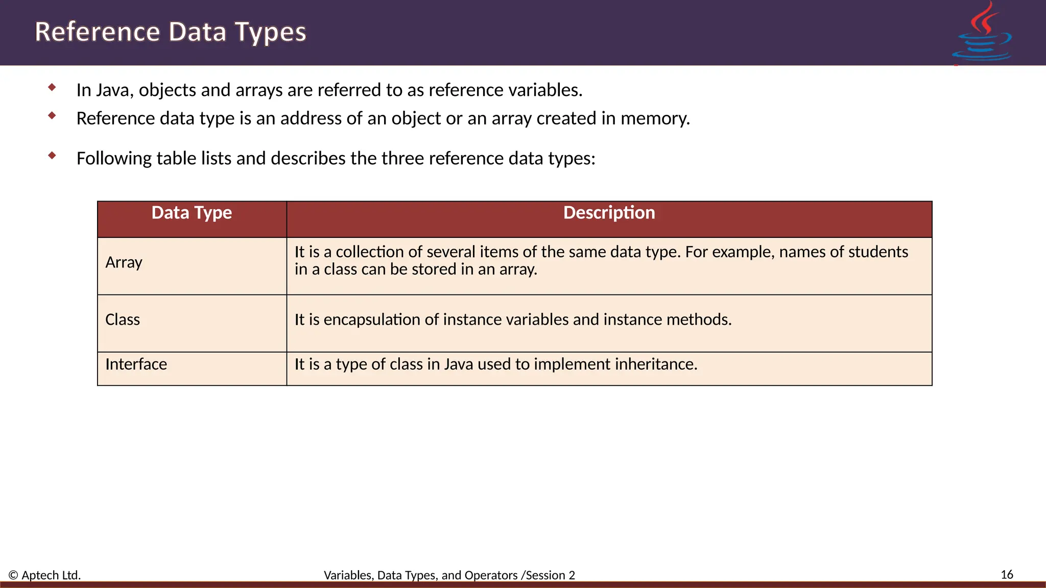  In Java, objects and arrays are referred to as reference variables.  Reference data type is an address of an object or an array created in memory.  Following table lists and describes the three reference data types: 16 © Aptech Ltd. Variables, Data Types, and Operators /Session 2 Data Type Description Array It is a collection of several items of the same data type. For example, names of students in a class can be stored in an array. Class It is encapsulation of instance variables and instance methods. Interface It is a type of class in Java used to implement inheritance. 
