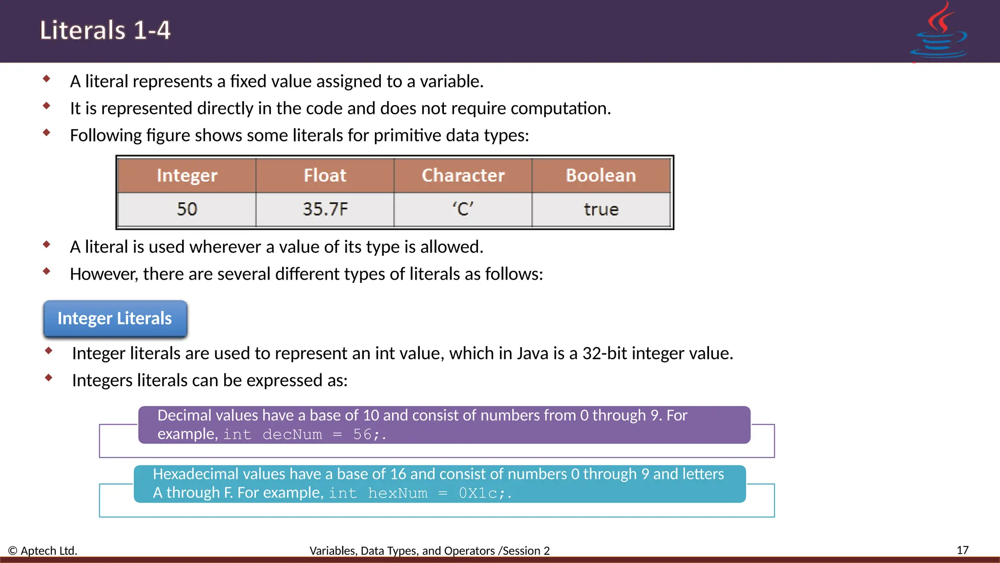  A literal represents a fixed value assigned to a variable.  It is represented directly in the code and does not require computation.  Following figure shows some literals for primitive data types:  A literal is used wherever a value of its type is allowed.  However, there are several different types of literals as follows: Integer Literals  Integer literals are used to represent an int value, which in Java is a 32-bit integer value.  Integers literals can be expressed as: Decimal values have a base of 10 and consist of numbers from 0 through 9. For example, int decNum = 56;. Hexadecimal values have a base of 16 and consist of numbers 0 through 9 and letters A through F. For example, int hexNum = 0X1c;. 17 © Aptech Ltd. Variables, Data Types, and Operators /Session 2 