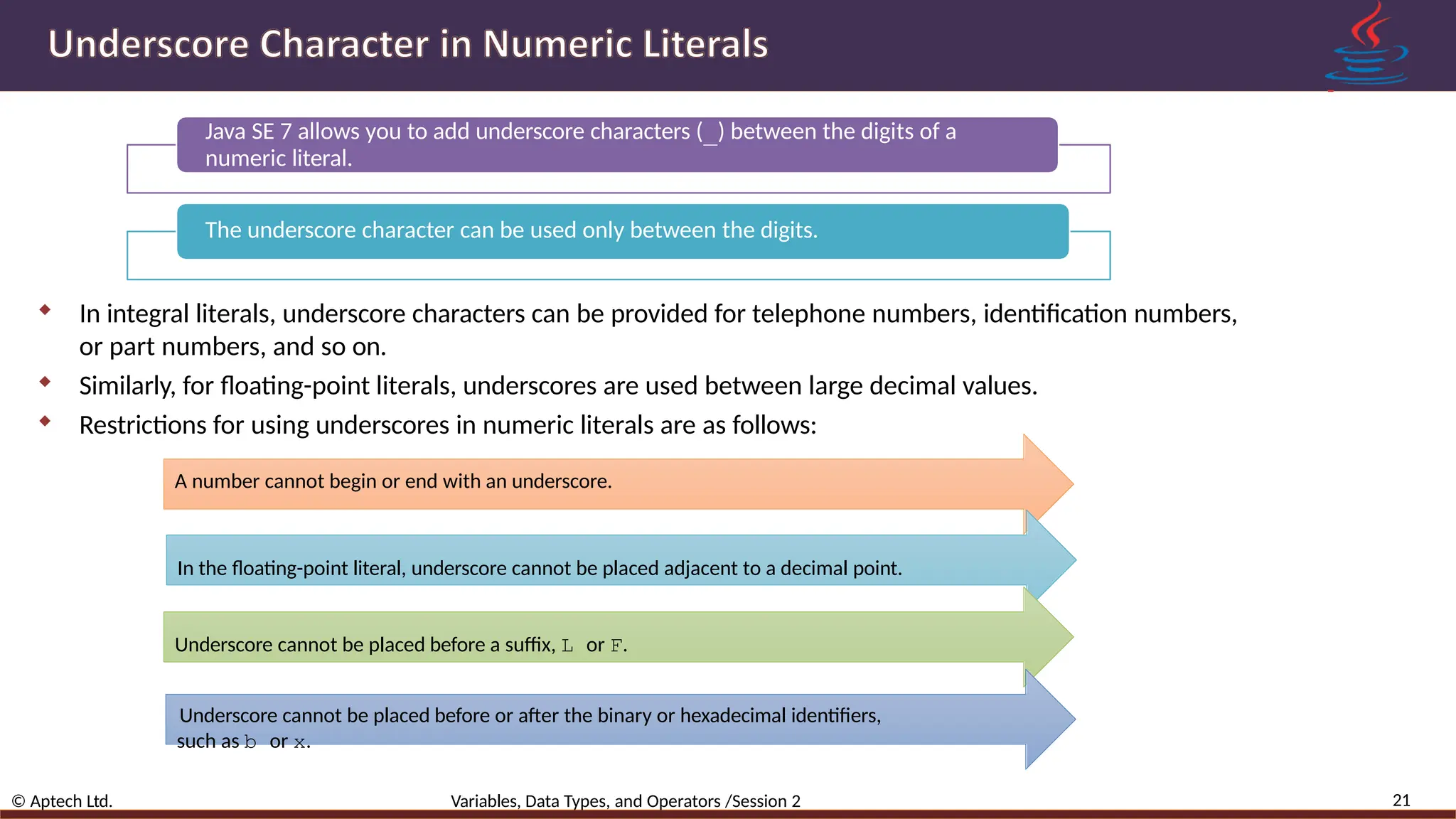 Java SE 7 allows you to add underscore characters (_) between the digits of a numeric literal. The underscore character can be used only between the digits.  In integral literals, underscore characters can be provided for telephone numbers, identification numbers, or part numbers, and so on.  Similarly, for floating-point literals, underscores are used between large decimal values.  Restrictions for using underscores in numeric literals are as follows: A number cannot begin or end with an underscore. In the floating-point literal, underscore cannot be placed adjacent to a decimal point. Underscore cannot be placed before a suffix, L or F. Underscore cannot be placed before or after the binary or hexadecimal identifiers, such as b or x. 21 © Aptech Ltd. Variables, Data Types, and Operators /Session 2 