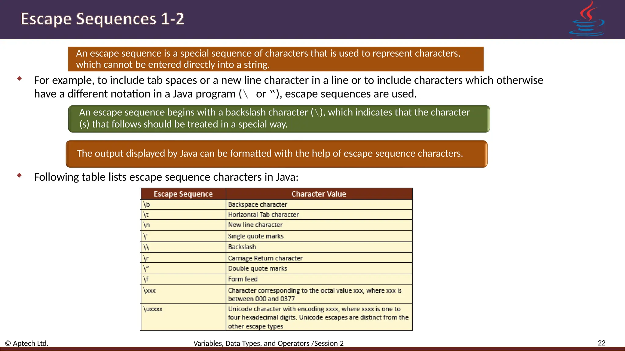 An escape sequence is a special sequence of characters that is used to represent characters, which cannot be entered directly into a string.  For example, to include tab spaces or a new line character in a line or to include characters which otherwise have a different notation in a Java program ( or “), escape sequences are used. An escape sequence begins with a backslash character (), which indicates that the character (s) that follows should be treated in a special way. The output displayed by Java can be formatted with the help of escape sequence characters.  Following table lists escape sequence characters in Java: 22 © Aptech Ltd. Variables, Data Types, and Operators /Session 2 