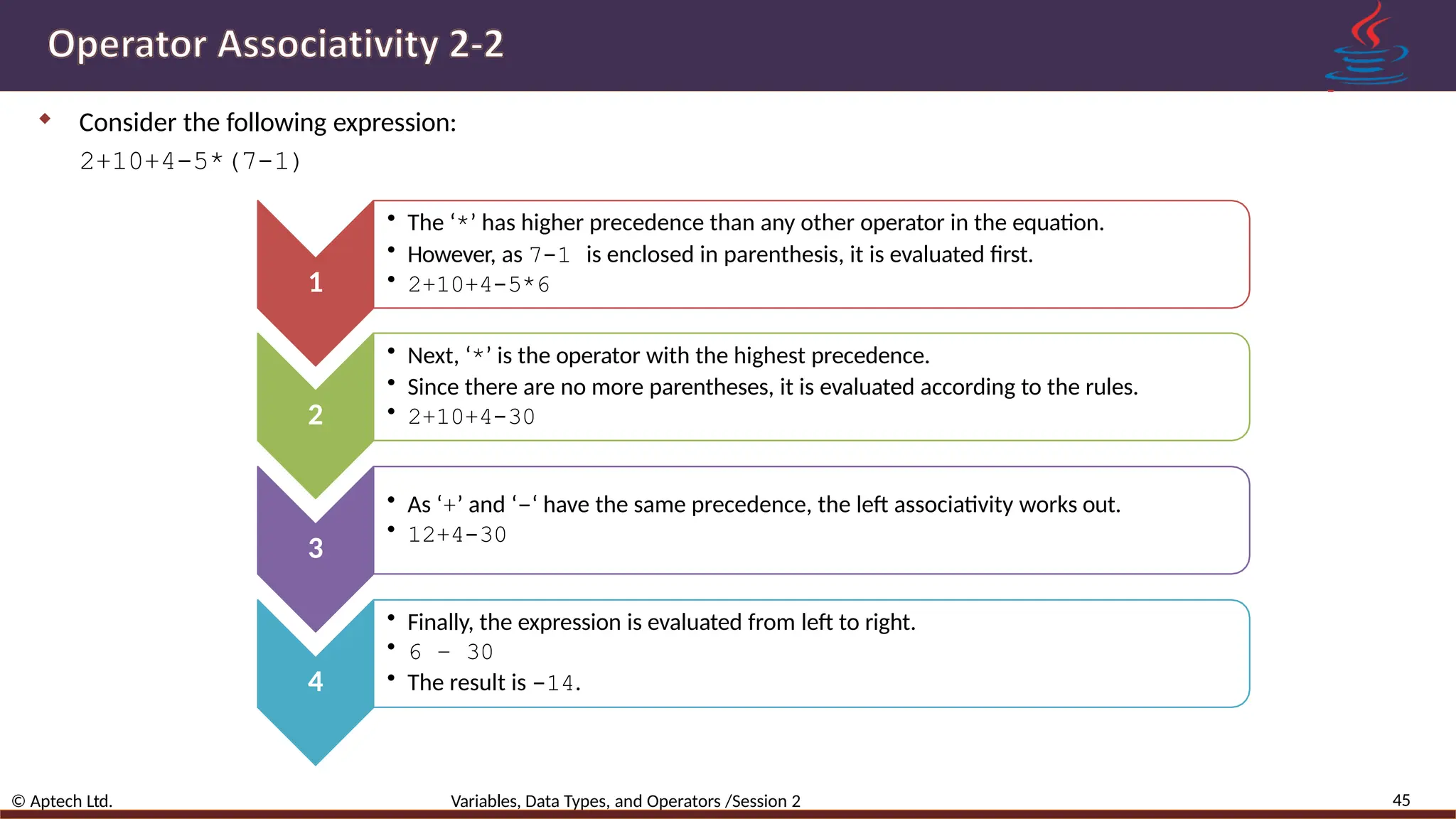  Consider the following expression: 2+10+4-5*(7-1) 1 • The ‘*’ has higher precedence than any other operator in the equation. • However, as 7-1 is enclosed in parenthesis, it is evaluated first. • 2+10+4-5*6 2 • Next, ‘*’ is the operator with the highest precedence. • Since there are no more parentheses, it is evaluated according to the rules. • 2+10+4-30 3 • As ‘+’ and ‘-‘ have the same precedence, the left associativity works out. • 12+4-30 4 • Finally, the expression is evaluated from left to right. • 6 – 30 • The result is -14. 45 © Aptech Ltd. Variables, Data Types, and Operators /Session 2 