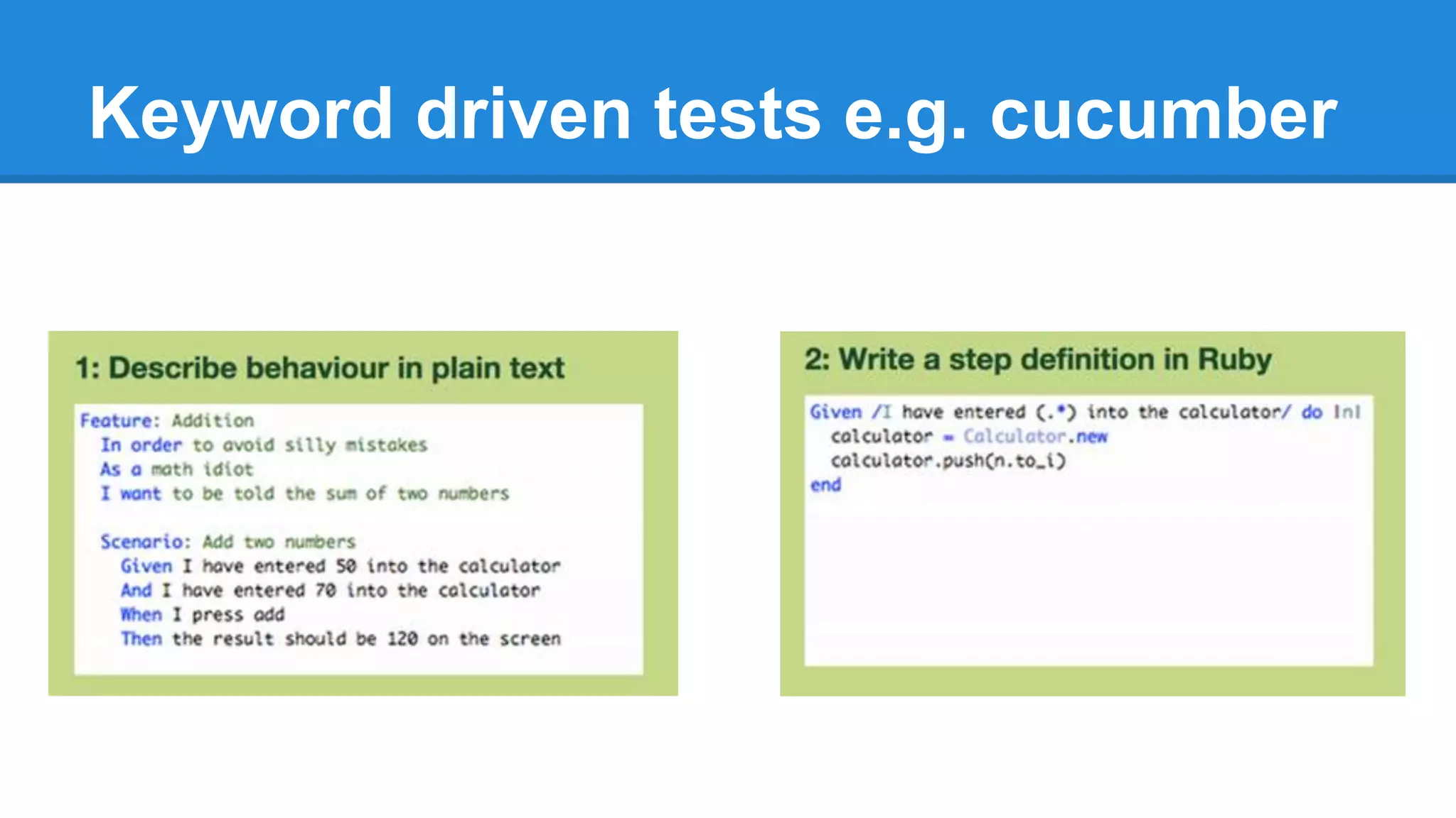 Keyword driven tests e.g. cucumber 
 