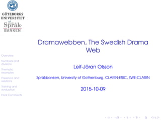 Overview
Numbers and
divisions
Thematic
examples
Presence and
relations
Training and
evaluation
Final Comments
Dramawebben, The Swedish Drama
Web
Leif-Jöran Olsson
Språkbanken, University of Gothenburg, CLARIN-ERIC, SWE-CLARIN
2015-10-09
 
