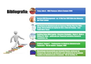 Bibliografia: Tracy, John A. - MBA Finanças, Editora Campus 2000Tracy, John A. - MBA Finanças, Editora Campus 2000
Revista HSM Management - no. 14 Mai/Jun 1999 Além dos Números,
por Peter Leitner
Revista HSM Management - no. 14 Mai/Jun 1999 Além dos Números,
por Peter Leitner
RAE Revista de Administraçãode Empresa FGV Abr/Mai/Jun 1996 -
Artigo: Necessidade de Capital de Giro e Nível de Vendas - José
Paulo Alves Fusco
RAE Revista de Administraçãode Empresa FGV Abr/Mai/Jun 1996 -
Artigo: Necessidade de Capital de Giro e Nível de Vendas - José
Paulo Alves Fusco
Building Value With Capital - Structure Strategies - Henry A . Davis e
Willian W. Sihler - publicadopor Financial Executives Research
Foundation, Inc
Building Value With Capital - Structure Strategies - Henry A . Davis e
Willian W. Sihler - publicadopor Financial Executives Research
Foundation, Inc
Brigham, Eugene F. – Fundamentos da Moderna Administração
Financeira – Rio de Janeiro : Campus, 1999
Brigham, Eugene F. – Fundamentos da Moderna Administração
Financeira – Rio de Janeiro : Campus, 1999
Metodologia desenvolvida por Armando Rasoto, professor de
Finanças dos cursos de graduação e pós-graduação da Faculdade
Católica de Administraçãoe Economia - FAE de Curitiba, Pr.
Metodologia desenvolvida por Armando Rasoto, professor de
Finanças dos cursos de graduação e pós-graduação da Faculdade
Católica de Administraçãoe Economia - FAE de Curitiba, Pr.
 
