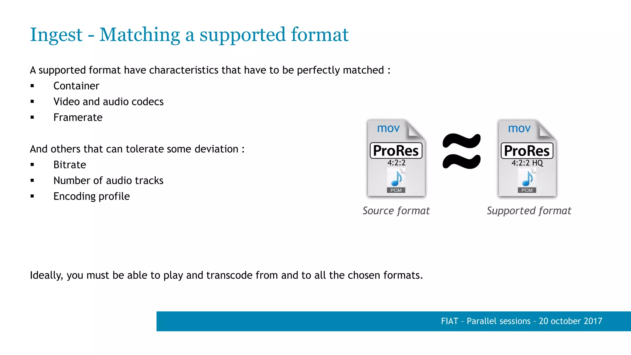 Ingest - Matching a supported format
A supported format have characteristics that have to be perfectly matched :
 Container
 Video and audio codecs
 Framerate
And others that can tolerate some deviation :
 Bitrate
 Number of audio tracks
 Encoding profile
Ideally, you must be able to play and transcode from and to all the chosen formats.
FIAT – Parallel sessions – 20 october 2017
mov
4:2:2
mov
4:2:2 HQ
Source format Supported format
 