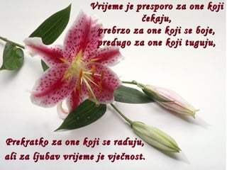 Vrijeme je presporo za one koji čekaju, prebrzo za one koji se boje, predugo za one koji tuguju, Prekratko za one koji se raduju, ali za ljubav vrijeme je vječnost. 