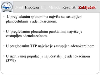 U pregledanim sputumima najviše su zastupljeni planocelularni  i adenokarcinom. U  pregledanim pleuralnim punktatima najviše je zastupljen adenokarcinom.  U pregledanim TTP najviše je zastupljen adenokarcinom. U ispitivanoj populaciji najučestaliji je adenokacinom (37%) Uvod  Hipoteza   Cilj  Metode   Rezultati   Zaključak   