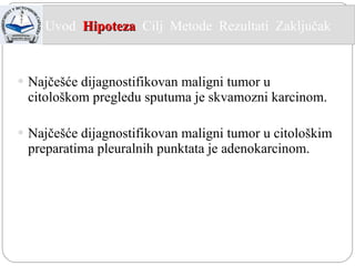 Najčešće dijagnostifikovan maligni tumor u citološkom pregledu sputuma je skvamozni karcinom. Najčešće dijagnostifikovan maligni tumor u citološkim preparatima pleuralnih punktata je adenokarcinom. Uvod  Hipoteza   Cilj  Metode   Rezultati  Zaključak  