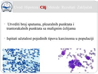Utvrditi broj sputuma, pleuralnih punktata i trantorakalnih punktata sa malignim ćelijama  Ispitati učetalost pojedinih tipova karcinoma u populaciji Uvod  Hipoteza  Cilj   Metode   Rezultati  Zaključak  