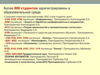 Более 800 студентов зарегистрированы в
образовательной среде.
С осеннего семестра пользователями ЭОС стали студенты групп:
-4104, 4105, 4106 изучающих «Информатику». Преподаватель Александрова Л.А.
-4306 изучающих «Защита и обработка конфиденциальных документов».
Преподаватель Александрова Л.А.
-4312 изучающих «Теория вероятностей и математическая статистика».
Преподаватель Медведева С.Н.
-4198 изучающих «Технологии и средства дистанционного обучения». Преподаватель
Медведева С.Н.
- 1105,1106, 6107, 5109 изучающих «Логику». Преподаватель Гимазетдинова А.Х.
- 9201, 9202. изучающих «Философию». Преподаватель Гимазетдинова А.Х.
- 1319 изучающих «Экономику» (семинарные занятия ) Преподаватель Фатыхова
Л.И.
-6102, 6103, 6104, 6107, 2111, 1119 изучающих "Логику". Преподаватель Абрамова
О.Ю.
- 4504, 4505,4506 Преддипломный курс. Преподаватель Аникин И.В.
-ТЕОРИЯ АВТОМАТОВ, Преподаватель Песошин В.
-Инновационный менеджмент. Преподаватель Горбачева О.В.
-Социология и политология_осень2012.Преподаватель Горбачева О.В.
 