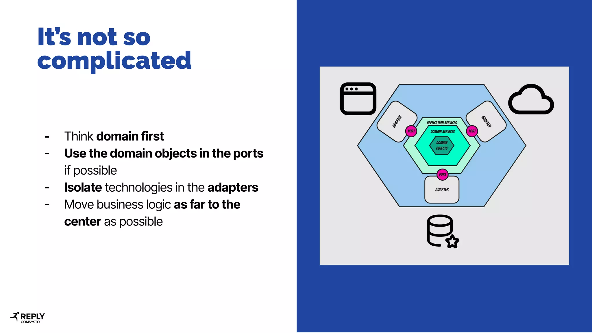 - Think domain first
- Use the domain objects in the ports
if possible
- Isolate technologies in the adapters
- Move business logic as far to the
center as possible
It’s not so
complicated
 
