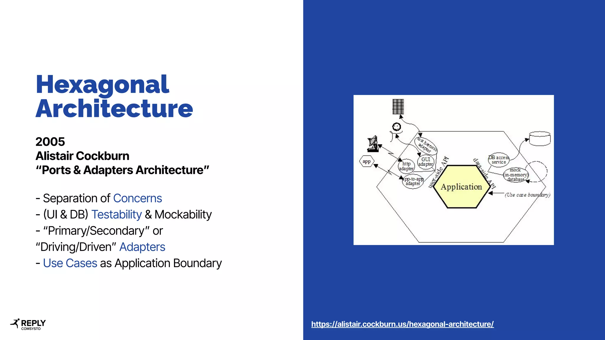 Hexagonal
Architecture
2005
Alistair Cockburn
“Ports & Adapters Architecture”
- Separation of Concerns
- (UI & DB) Testability & Mockability
- “Primary/Secondary” or
“Driving/Driven” Adapters
- Use Cases as Application Boundary
https://alistair.cockburn.us/hexagonal-architecture/
 
