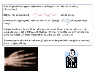 Anledningen till att färgerna bryts olika är att färgerna har olika mycket energi
eller våglängd.

Rött ljus har lång våglängd                                    och låg energi.

Violett ljus svänger mycket snabbare, har kortare våglängd               och mycket högre
Energi.

Svänger ljuset ännu fortare hinner våra ögon inte med. Då kan vi inte se det men vi blir
solbrända av det. Det är Ultraviolett (UV) ljus. Får vi för mycket UV-ljus blir vi brända eller
kan få hudcancer. Det är för energirikt för att vi ska tåla det i stora doser.

Ännu energirikare ljus kan till och med gå igenom vår kropp och bara stoppas av skelettet,
Det är röntgenstrålning.
 