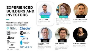 L E E J A C O B S
Fmr. Partner AngelList; MHS
Capital
E L A I N E W H E R R Y
Meebo (acquired by Google
$100M); Dandelion Chocolate
P A S C A L L E V Y -
G A R B O U A
VP Business at Checkr; Angel
investor in Notion, Checkr, and
Trusted Health
J O N B R U C K
Founder Pocket (acq by Mozilla,
IndexTank (acq. by LinkedIn);
Xoopit Product Lead (acq by
Yahoo!)
L J V E N T U R E S 3
EXPERIENCED
BUILDERS AND
INVESTORS
World Class angel track
record. Investment in:
Founder/Managing
Director
B R I A N B A L F O U R
Founder and CEO of Reforge;
Hubspot
VENTURE
PARTNER
VENTURE
PARTNER
VENTURE
PARTNER
VENTURE
PARTNER
C Y A N B A N I S T E R
Entrepreneur and investor. Uber,
SpaceX, Carta, Postmates,
Niantic. Fmr. Partner at Founders
Fund.
Manager Director
 