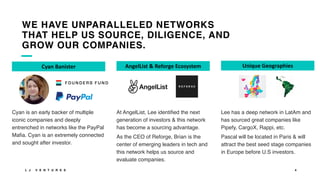 4
WE HAVE UNPARALLELED NETWORKS
THAT HELP US SOURCE, DILIGENCE, AND
GROW OUR COMPANIES.
L J V E N T U R E S
Cyan	Banister AngelList	&	Reforge	Ecosystem Unique	Geographies
At AngelList, Lee identified the next
generation of investors & this network
has become a sourcing advantage.
As the CEO of Reforge, Brian is the
center of emerging leaders in tech and
this network helps us source and
evaluate companies.
Cyan is an early backer of multiple
iconic companies and deeply
entrenched in networks like the PayPal
Mafia. Cyan is an extremely connected
and sought after investor.
Lee has a deep network in LatAm and
has sourced great companies like
Pipefy, CargoX, Rappi, etc.
Pascal will be located in Paris & will
attract the best seed stage companies
in Europe before U.S investors.
 