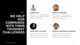 L J V E N T U R E S 5
WE HELP
OUR
COMPANIES
WITH THEIR
TOUGHEST
CHALLENGES
FUNDRAISING
Lee spent 2+ years at AngelList and
has been directly involved in helping
founders raise $150m+.
PRODUCT & GROWTH
Brian’s ecosystem of world class
product and growth leaders from top
Silicon Valley companies.
RECRUITING & CULTURE
Elaine is a world class recruiting &
culture practitioner and has written
about it in publications like the WSJ.
PRODUCT DISCOVERY & STRATEGY
Jon is a product discovery expert, and
excels at leading founders through
product discovery and design sprints.
 