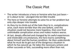 The Classic Plot
• The writer introduces a hero or heroine who has just been –
or is about to be – plunged into terrible trouble
• The hero or heroine attempts to solve his or her problem but
only slips deeper into trouble
• As they try to climb out of the hole they’re in, complications
arise, each more terrible than the one before, until the
situation could not become more hopeless, then one final
unthinkable complication arises and makes matters worse.
• At last, deeply affected and changed by his awful experiences
and intolerable circumstances, the hero learns something
about himself and the human condition. He then understands
what he must do to get out of the dangerous situation in
which he has wound up. He takes the necessary actions and
either succeeds or fails, succeeding more often than not.
 