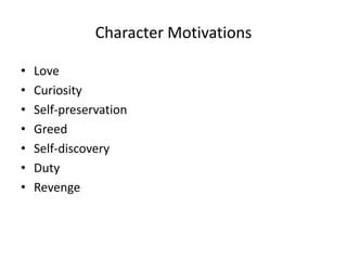 Character Motivations
• Love
• Curiosity
• Self-preservation
• Greed
• Self-discovery
• Duty
• Revenge
 