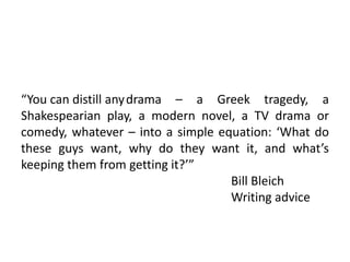“You can distill anydrama – a Greek tragedy, a
Shakespearian play, a modern novel, a TV drama or
comedy, whatever – into a simple equation: ‘What do
these guys want, why do they want it, and what’s
keeping them from getting it?’”
Bill Bleich
Writing advice
 