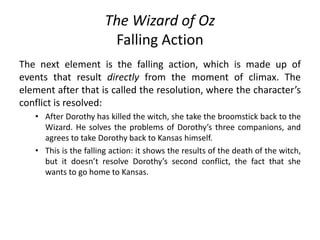 The Wizard of Oz
Falling Action
The next element is the falling action, which is made up of
events that result directly from the moment of climax. The
element after that is called the resolution, where the character’s
conflict is resolved:
• After Dorothy has killed the witch, she take the broomstick back to the
Wizard. He solves the problems of Dorothy’s three companions, and
agrees to take Dorothy back to Kansas himself.
• This is the falling action: it shows the results of the death of the witch,
but it doesn’t resolve Dorothy’s second conflict, the fact that she
wants to go home to Kansas.
 