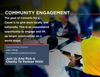 MARKETING OPPORTUNITIES
Concerts for a Cause will be the premier location
to highlight your brand at the 2016 Convention.
We can work with you to customize your
sponsorship package for a high impact marketing
experience that meets your objectives.
›› Branded Signage
›› Product/Service Activations
›› Hosted Event Space
›› In-Kind Opportunity
›› Custom Programming
›› Collateral & Giveaways