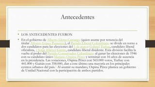 Antecedentes
• LOS ANTECEDENTES FUERON
• En el gobierno de Alberto Lleras Camargo (quien asume por renuncia del
titular Alfonso López Pumarejo), el Partido Liberal Colombiano se divide en torno a
dos candidatos para las elecciones del 5 de mayo: Gabriel Turbay, candidato liberal
oficialista, y Jorge Eliécer Gaitán, candidato liberal disidente. Esta división facilita la
vuelta al poder del Partido Conservador Colombiano al ganar las elecciones de 1946
con su candidato único Mariano Ospina Pérez y terminar con 16 años de ausencia
en la presidencia. Las votaciones, Ospina Pérez con 565.000 votos, Turbay con
441.000 y Gaitán con 358.000, dan a este último una mayoría en los principales
centros urbanos del país.5 Al asumir su mandato, Ospina Pérez plantea un gobierno
de Unidad Nacional con la participación de ambos partidos.
 