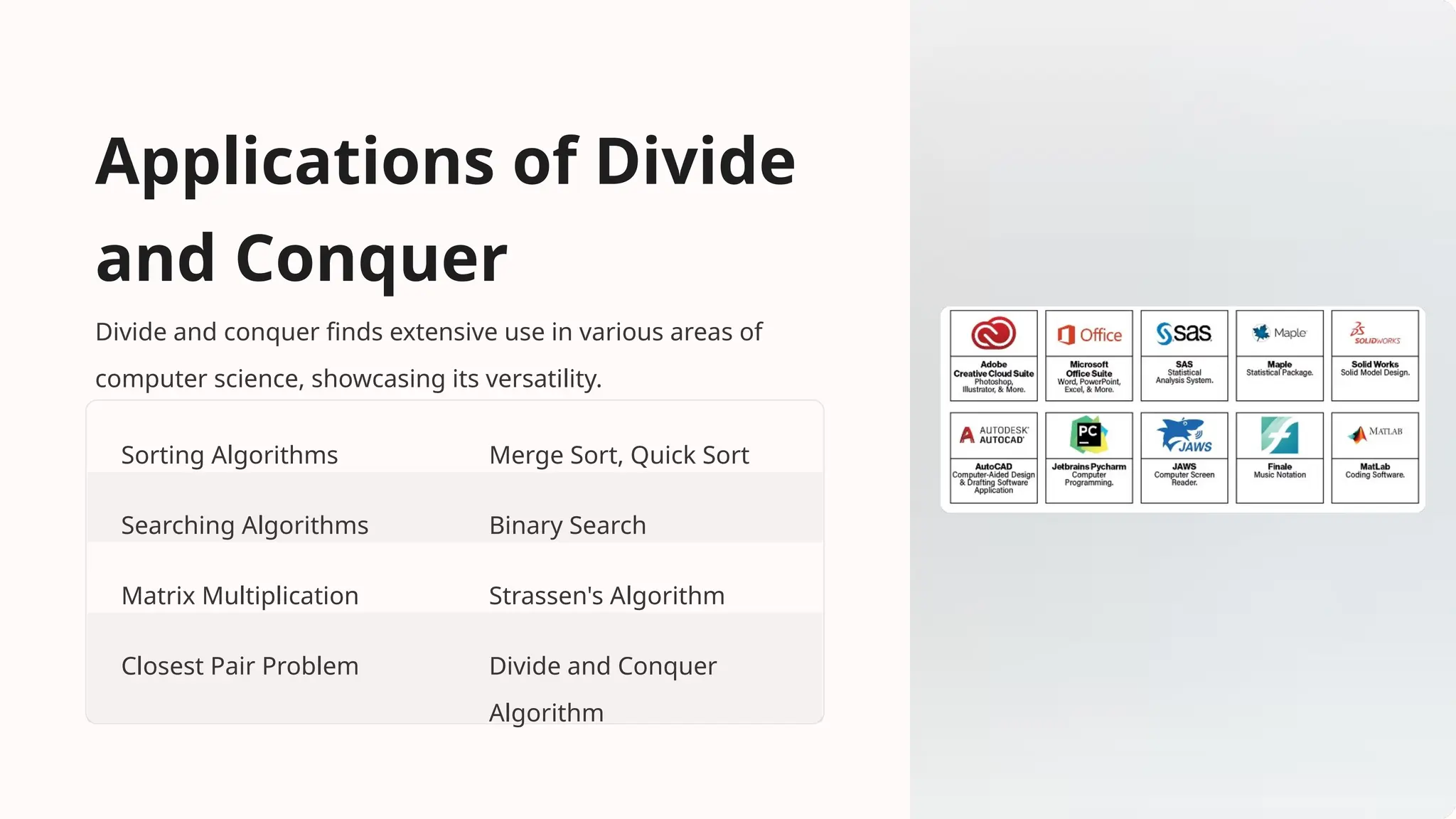 Applications of Divide
and Conquer
Divide and conquer finds extensive use in various areas of
computer science, showcasing its versatility.
Sorting Algorithms Merge Sort, Quick Sort
Searching Algorithms Binary Search
Matrix Multiplication Strassen's Algorithm
Closest Pair Problem Divide and Conquer
Algorithm
 
