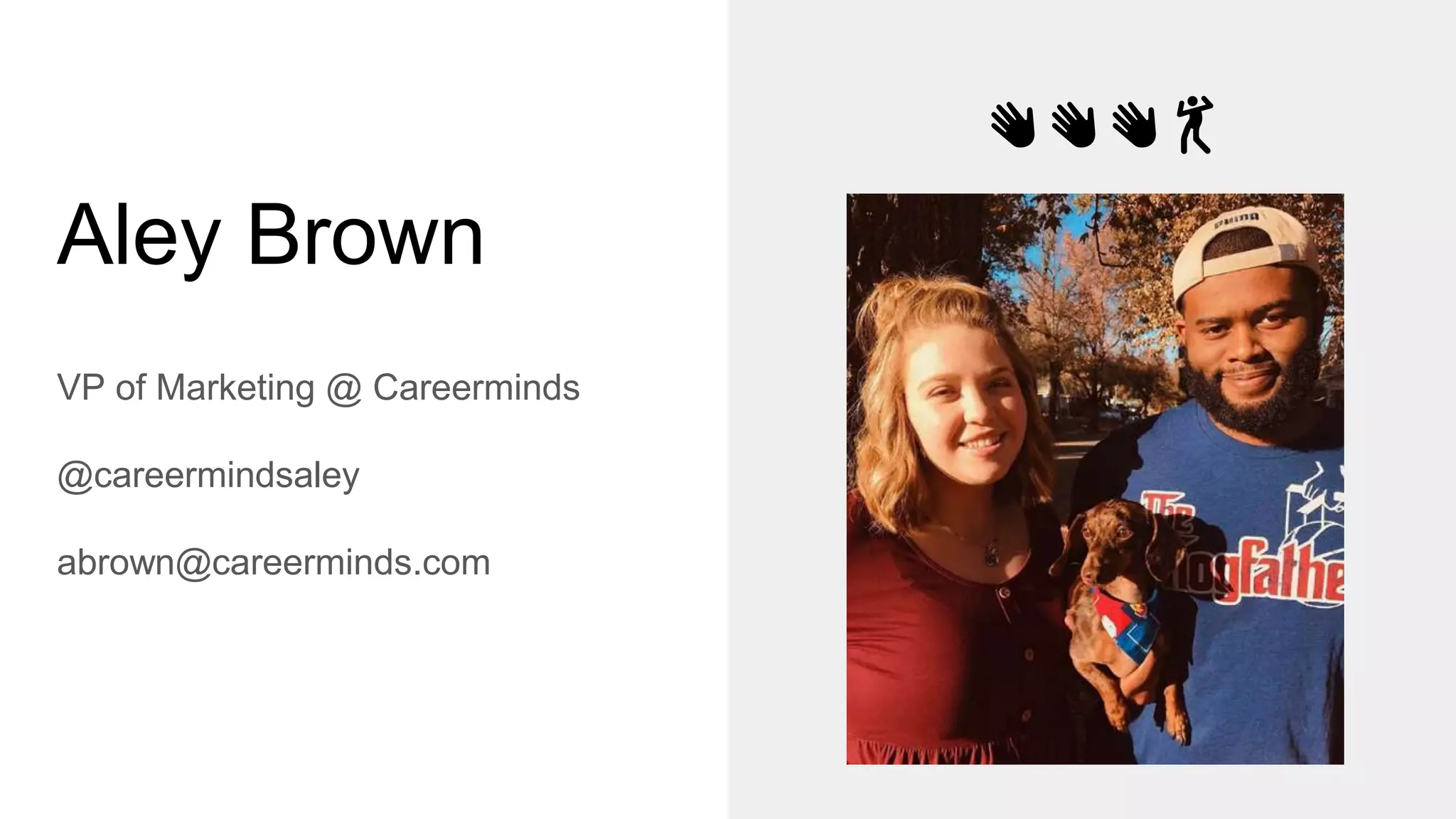 Aley Brown
VP of Marketing @ Careerminds
@careermindsaley
abrown@careerminds.com
👋👋👋💃
 