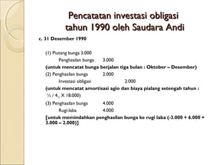 Pencatatan investasi obligasi
tahun 1990 oleh Saudara Andi
c. 31 Desember 1990
(1) Piutang bunga 3.000
Penghasilan bunga
3.000
(untuk mencatat bunga berjalan tiga bulan : Oktober – Desember)
(2) Penghasilan bunga
2.000
Investasi obligasi
2.000
(untuk mencatat amortisasi agio dan biaya pialang setengah tahun :
½ / 41/2 X 18.000)
(3) Penghasilan bunga
4.000
Rugi-laba
4.000
[untuk memindahkan penghasilan bunga ke rugi laba (-3.000 + 6.000 +
3.000 – 2.000)]

 