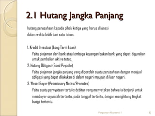 2.1 Hutang Jangka Panjang
hutang perusahaan kepada pihak ketiga yang harus dilunasi
dalam waktu lebih dari satu tahun.
1. Kredit Investasi (Long Term Loan)
Yaitu pinjaman dari bank atau lembaga keuangan bukan bank yang dapat digunakan
untuk pembelian aktiva tetap.
2. Hutang Obligasi (Bond Payable)
Yaitu pinjaman jangka panjang yang diperoleh suatu perusahaan dengan menjual
obligasi yang dapat dilakukan di dalam negeri maupun di luar negeri.
3. Wesel Bayar (Promissory Notes/Pronotes)
Yaitu suatu pernyataan tertulis debitur yang menyatakan bahwa ia berjanji untuk
membayar sejumlah tertentu, pada tanggal tertentu, dengan menghitung tingkat
bunga tertentu.
Pengantar Akuntansi 1

32

 