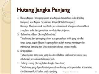 Hutang Jangka Panjang
4. Hutang Kepada Pemegang Saham atau Kepada Perusahaan Induk (Holding
Company) atau Kepada Perusahaan Afiliasi (Afiliated Company)
Biasanya diberikan untuk membantu perusahaan anak atau perusahaan afiliasi
yang baru mulai beroperasi dan membutuhkan pinjaman.
5. Subordinated Loan (Hutang Subordinasi)
Yaitu hutang dari pemegang saham atau perusahaan induk yang bersifat
tanpa bunga, dapat dibayar jika perusahaan sudah mampu membayar dan
mempunyai kemungkinan untuk dialihkan sebagai setoran modal.
6. Bridging Loan
Yaitu pinjaman sementara yang akan dikembalikan jika kredit investasi yang
dibutuhkan perusahaan telah diperoleh.
7. Hutang Leasing (Hutang Dalam Rangka Sewa Guna)
Yaitu hutang yang diperoleh dari perusahaan leasing untuk pembelian aktiva tetap
dan biasanya dicicil dalam jangka panjang.
Pengantar Akuntansi 1

33

 