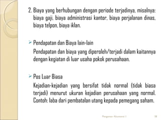 2. Biaya yang berhubungan dengan periode terjadinya, misalnya:
biaya gaji, biaya administrasi kantor, biaya perjalanan dinas,
biaya telpon, biaya iklan.
 Pendapatan dan Biaya lain-lain

Pendapatan dan biaya yang diperoleh/terjadi dalam kaitannya
dengan kegiatan di luar usaha pokok perusahaan.
 Pos Luar Biasa

Kejadian-kejadian yang bersifat tidak normal (tidak biasa
terjadi) menurut ukuran kejadian perusahaan yang normal.
Contoh: laba dari pembatalan utang kepada pemegang saham.
Pengantar Akuntansi 1

38

 