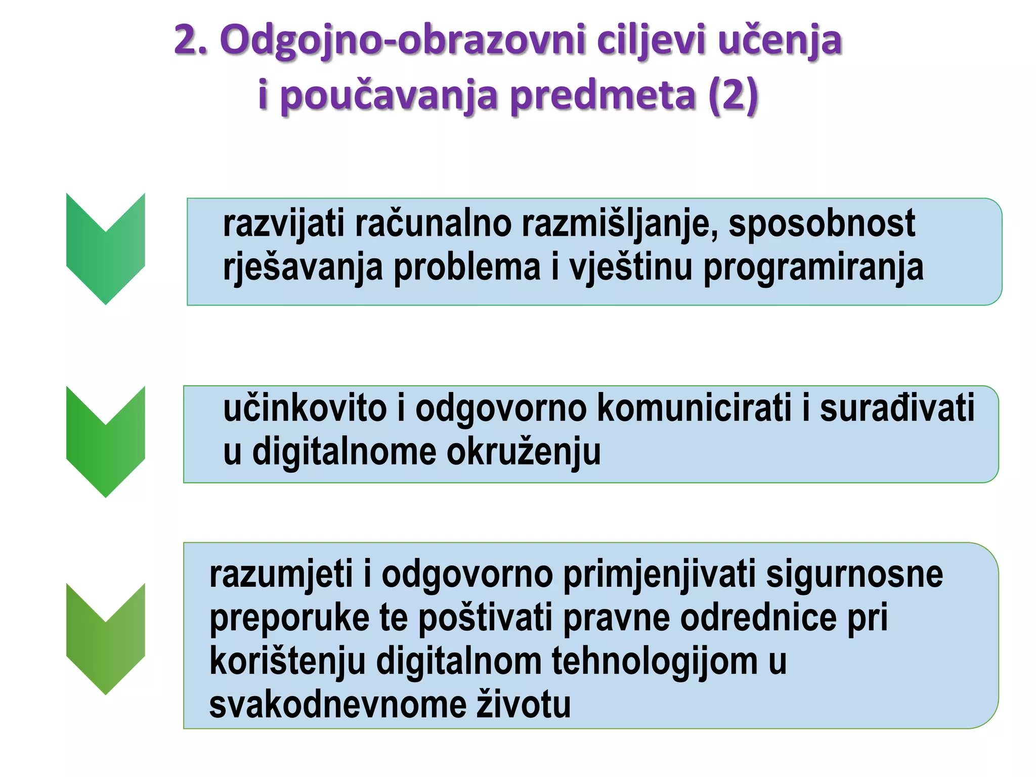 razvijati računalno razmišljanje, sposobnost
rješavanja problema i vještinu programiranja
učinkovito i odgovorno komunicirati i surađivati
u digitalnome okruženju
razumjeti i odgovorno primjenjivati sigurnosne
preporuke te poštivati pravne odrednice pri
korištenju digitalnom tehnologijom u
svakodnevnome životu
2. Odgojno-obrazovni ciljevi učenja
i poučavanja predmeta (2)
 