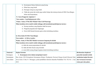 b) Kemampuan bahasa Indonesia yang kurang
c) Minat baca yang lemah
d) Dorongan orang tua yang lemah.
e) Tidak ada sarana dan media juga sumber belajar dan tentunya karena di SMA Nusa Bangsa
belum ada Perpustakaan.
5) Guru Penggerak Angkatan 4
Nara sumber : Cepi Rahmansyah, S.Pd.)
Waktu : Senin, 15 Mei 2023 Melalui Video Call WhatsApp
Minat membaca siswa masih rendah sehingga sulit memahami pembelajaran, karena :
a) Konsep membaca yang diajarkan tidak bervariasi
b) Pengaruh pergaulan dari lingkungan
c) Siswa lebih banyak bermain game online ketimbang membaca
6). Siswa Kelas XI SMA Nusa Bangsa
Nara sumber : Ai Silvia Azzahra
Waktu : Senin, 15 Mei 2023 Melalui wawancara langsung di sekolah
Minat membaca siswa masih rendah sehingga sulit memahami pembelajaran, karena :
a). tidak ada sarana perpustakaan di sekolah
b). tidak ada buku bacaan yang memadai
c). siswa lebih senang dengan kegiatan ekskul ketimbang membaca
Numerasi :
Kurangnya
kemampuan
siswa dalam
Kajian Literatur
1. Kemampuan siswa dalam mempelajari materi
Risa Ariani, 2012,Peningkatan Kemampuan Belajar Pendapatan Nasional Dengan Komik Ekonomi Pada
Siswa Kelas X Sma N 1 Mranggen, jurnal pendidikan ekonomi dinamika Pendidikan Vol. VII, No. 1, Juni
2012
Berdasarkan eksplorasi
penyebab masalah setelah
melakukan kajian literatur
dan wawancara bersama
rekan guru dan pakar,
 
