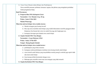5) Unsur-Unsur Dinamis dalam Belajar dan Pembelajaran
Siswa memiliki perasaan, perhatian, kemauan, ingatan, dan pikiran yang mengalami perubahan
berkat pengalaman hidup.
Hasil Wawancara
1) Pengawas Bina SMA Kabupaten Garut
Narasumber : Ust. Mamad, S.Ag., M.Ag.
Waktu : Senin 15 Mei 2023
Melalui WhatsApp
Minat dan motivasi belajar siswa rendah, karena :
a) Metode mengajar guru kurang inovatif
b) Bisa saja siswa memiliki minat belajar yang rendah dikarenakan memiliki gangguan dalam
belajarnya, bisa berasal dari siswa itu sendiri bisa juga dari lingkungan nya.
c) kurangnya dorongan guru kepada siswa untuk belajar
2) Kepala Sekolah SMA Nusa Bangsa
Narasumber : Cecep Mulyana, S.Pd.I
Waktu : Senin, 15 Mei 2023
Tempat : Ruang Kepala Sekolah
Minat dan motivasi belajar siswa rendah karena :
a) pembelajaran yang terlalu monoton
b) kurangnya media pembelajaran membuat siswa kurang tertarik untuk belajar
c) siswa tertarik untuk bekerja yang menyebabkan mereka jarang ke sekolah juga seperti tidak
ada minat untuk belajar
d) Guru kurang terlihat berinteraksi dengan siswa
e) Beberapa guru memiliki sistem atau cara mengajar yang tidak menarik
3) Kepala Kurikulum SMA Nusa Bangsa
 