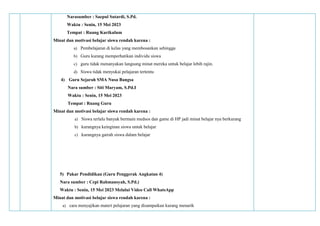 Narasumber : Saepul Sutardi, S.Pd.
Waktu : Senin, 15 Mei 2023
Tempat : Ruang Kurikulum
Minat dan motivasi belajar siswa rendah karena :
a) Pembelajaran di kelas yang membosankan sehingga
b) Guru kurang memperhatikan individu siswa
c) guru tidak menanyakan langsung minat mereka untuk belajar lebih rajin.
d) Siswa tidak menyukai pelajaran tertentu
4) Guru Sejarah SMA Nusa Bangsa
Nara sumber : Siti Maryam, S.Pd.I
Waktu : Senin, 15 Mei 2023
Tempat : Ruang Guru
Minat dan motivasi belajar siswa rendah karena :
a) Siswa terlalu banyak bermain medsos dan game di HP jadi minat belajar nya berkurang
b) kurangnya keinginan siswa untuk belajar
c) kurangnya gairah siswa dalam belajar
5) Pakar Pendidikan (Guru Penggerak Angkatan 4)
Nara sumber : Cepi Rahmansyah, S.Pd.)
Waktu : Senin, 15 Mei 2023 Melalui Video Call WhatsApp
Minat dan motivasi belajar siswa rendah karena :
a) cara menyajikan materi pelajaran yang disampaikan kurang menarik
 