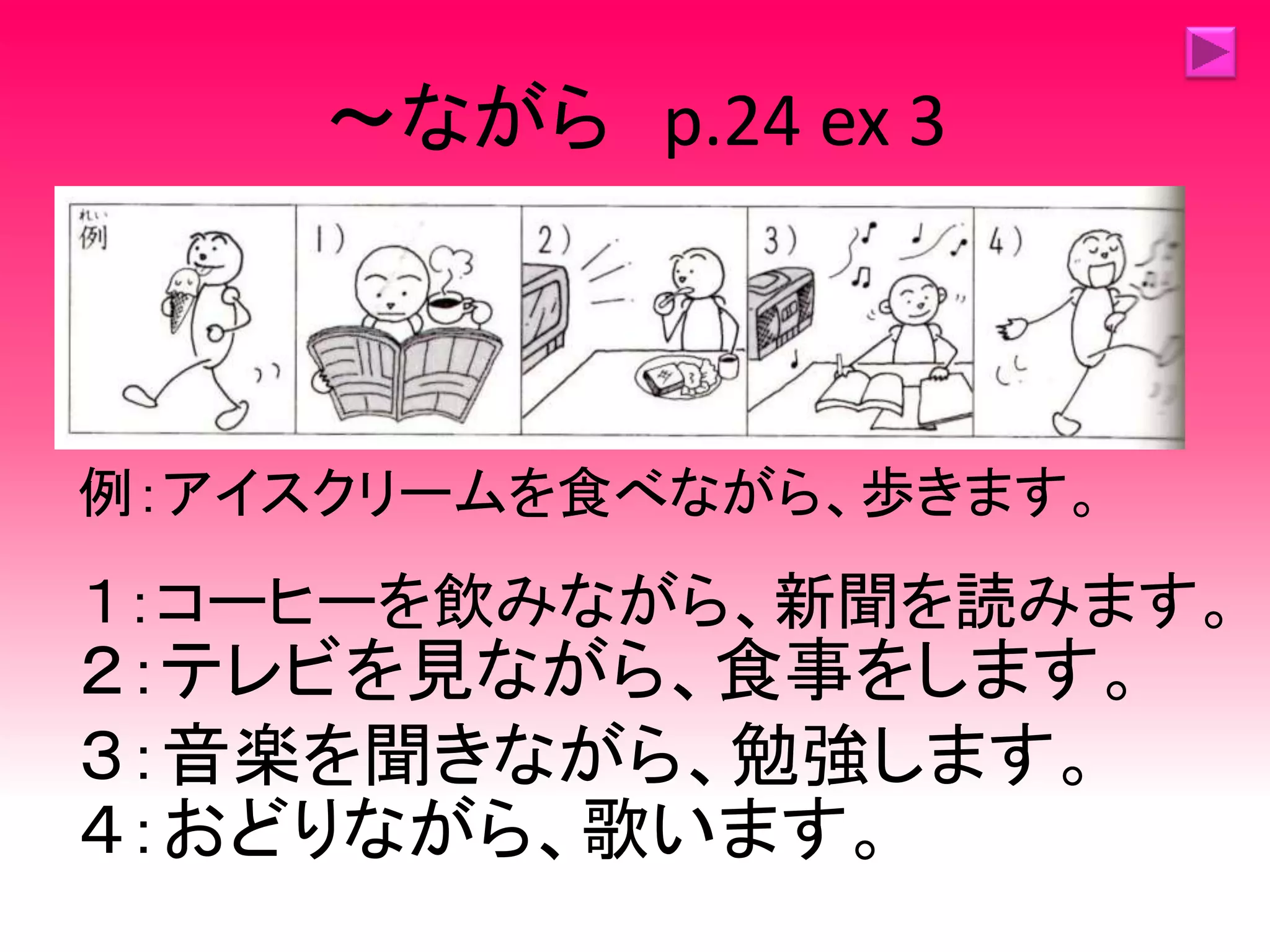～ながら p.24 ex 3
例：アイスクリームを食べながら、歩きます。
１：コーヒーを飲みながら、新聞を読みます。
２：テレビを見ながら、食事をします。
３：音楽を聞きながら、勉強します。
４：おどりながら、歌います。
 