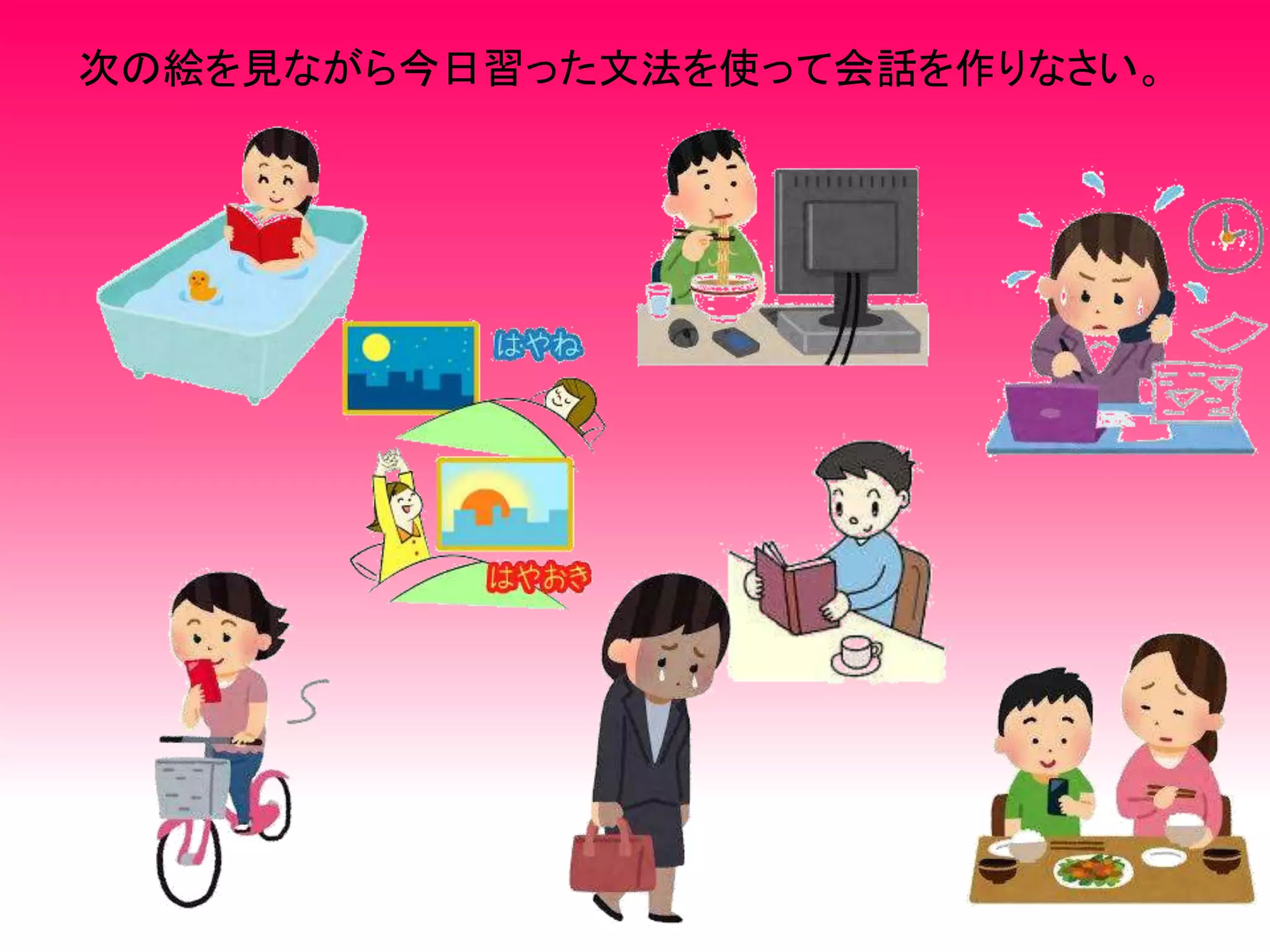 次の絵を見ながら今日習った文法を使って会話を作りなさい。
 