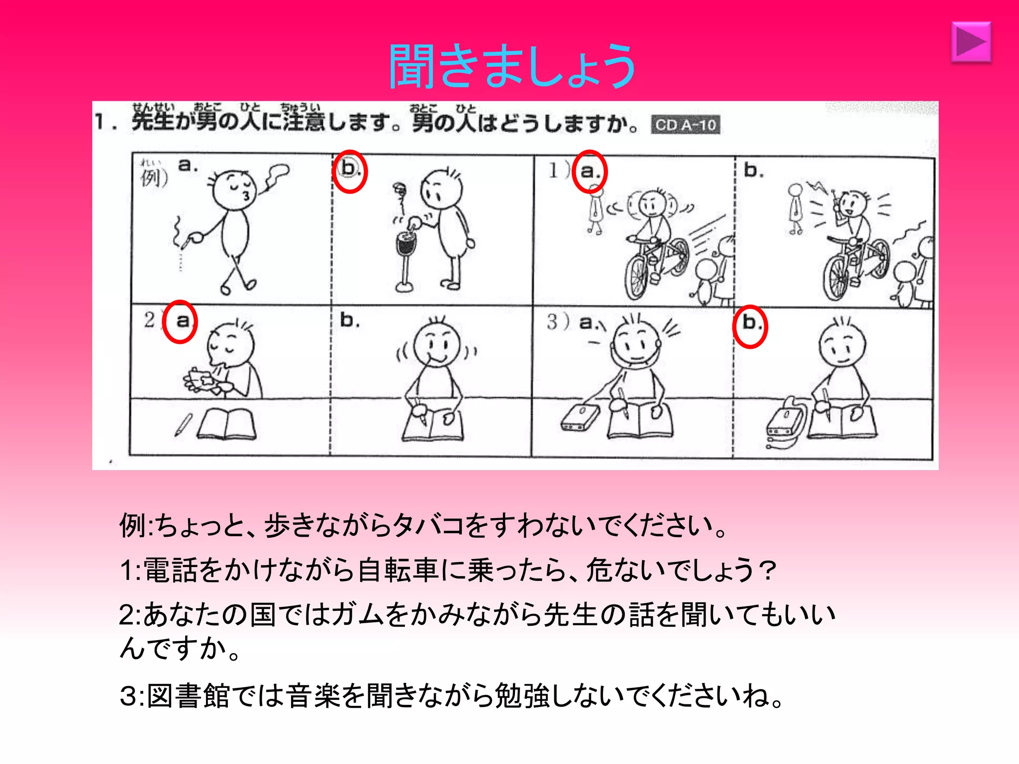 聞きましょう
例:ちょっと、歩きながらタバコをすわないでください。
1:電話をかけながら自転車に乗ったら、危ないでしょう？
2:あなたの国ではガムをかみながら先生の話を聞いてもいい
んですか。
３:図書館では音楽を聞きながら勉強しないでくださいね。
 