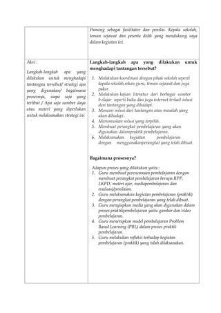 Pamong sebagai fasilitator dan penilai. Kepala sekolah,
teman sejawat dan peserta didik yang mendukung saya
dalam kegiatan ini.
Aksi :
Langkah-langkah apa yang
dilakukan untuk menghadapi
tantangan tersebut/ strategi apa
yang digunakan/ bagaimana
prosesnya, siapa saja yang
terlibat / Apa saja sumber daya
atau materi yang diperlukan
untuk melaksanakan strategi ini
Langkah-langkah apa yang dilakukan untuk
menghadapi tantangan tersebut?
1. Melakukan koordinasi dengan pihak sekolah seperti
kepala sekolah,rekan guru, teman sejawat dan juga
pakar.
2. Melakukan kajian literatur dari berbagai sumber
b elajar seperti buku dan juga internet terkait solusi
dari tantangan yang dihadapi.
3. Mencari solusi dari tantangan atau masalah yang
akan dihadapi .
4. Merumuskan solusi yang terpilih.
5. Membuat perangkat pembelajaran yang akan
digunakan dalampraktik pembelajaran.
6. Melaksanakan kegiatan pembelajaran
dengan menggunakanperangkat yang telah dibuat.
Bagaimana prosesnya?
Adapun proses yang dilakukan yaitu :
1. Guru membuat perencanaan pembelajaran dengan
membuat perangkat pembelajaran berupa RPP,
LKPD, materi ajar, mediapembelajaran dan
evaluasi/penilaian.
2. Guru melaksanakan kegiatan pembelajaran (praktik)
dengan perangkat pembelajaran yang telah dibuat.
3. Guru menyiapkan media yang akan digunakan dalam
proses praktikpembelajaran yaitu gambar dan video
pembelajaran.
4. Guru menerapkan model pembelajaran Problem
Based Learning (PBL) dalam proses praktik
pembelajaran.
5. Guru melakukan refleksi terhadap kegiatan
pembelajaran (praktik) yang telah dilaksanakan.
 