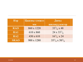 3/13/2018
Нэр Цаасны хэмжээ
мм
Дюмд
шилжүүлснээр
RAO 860 x 1220 337/8 x 48
RA1 610 x 860 24 x 337/8
RA2 430 x 610 167/8 x 24
SRAO 900 x 1280 353/8 x 503/8
10
 