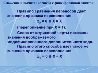 Сложение и вычитание чисел с фиксированной запятой
Правило сравнения переносов дает
значение признака переполнения:
φр = 0  X = X
(переполнение при X = 1).
Слева от штриховой черты показаны
значения воображаемого
модифицированного дополнительного кода.
Правило этого способа дает такое же
значение признака переполнения:
φм = 0  X = X
 