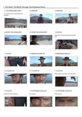 1. The Good, The Bad & The Ugly: Final Shootout Scene 
1.1 EXTREME WIDE SHOT: 
Lee & Clint move backwards into 
position. 
1.2 MEDIUM: 1.3 MEDIUM: 
1.4 OVER THE SHOULDER: 1.5 OVER THE SHOULDER: 1.6 CUT-IN: 
Hand move slowly along belt towards 
gun. 
1.7 CUT-IN: 1.8 MEDIUM CLOSE UP: 1.9 MEDIUM CLOSE UP: 
1.10 CLOSE UP: 1.11 CLOSE UP: 1.12 CUT-IN: 
Hand comes into frame moving down. 
1.13 CUT-IN: 
Fingers twitch by holster. 
1.14 EXTREME CLOSE UP: 
Lee squints 
1.15 EXTREME CLOSE UP: 
Clint squints 
 