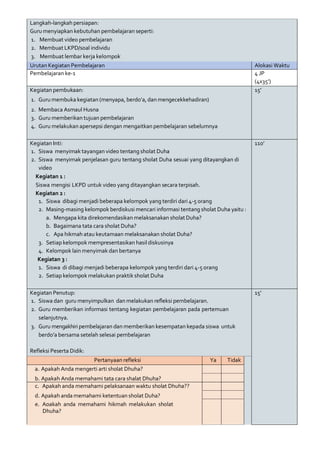 Langkah-langkah persiapan:
Guru menyiapkan kebutuhan pembelajaran seperti:
1. Membuat video pembelajaran
2. Membuat LKPD/soal individu
3. Membuat lembar kerja kelompok
UrutanKegiatan Pembelajaran Alokasi Waktu
Pembelajaran ke-1 4 JP
(4x35’)
Kegiatan pembukaan: 15’
1. Guru membuka kegiatan (menyapa, berdo’a,dan mengecekkehadiran)
2. Membaca Asmaul Husna
3. Guru memberikan tujuan pembelajaran
4. Guru melakukan apersepsi dengan mengaitkan pembelajaran sebelumnya
Kegiatan Inti: 110’
1. Siswa menyimak tayangan video tentang sholat Duha
2. Siswa menyimak penjelasan guru tentang sholat Duha sesuai yang ditayangkan di
video
Kegiatan 1 :
Siswa mengisi LKPD untuk video yang ditayangkan secara terpisah.
Kegiatan 2 :
1. Siswa dibagi menjadi beberapa kelompok yang terdiri dari 4-5 orang
2. Masing-masing kelompok berdiskusi mencari informasi tentang sholat Duha yaitu :
a. Mengapa kita direkomendasikan melaksanakan sholat Duha?
b. Bagaimana tata cara sholat Duha?
c. Apa hikmah atau keutamaan melaksanakan sholat Duha?
3. Setiap kelompok mempresentasikan hasil diskusinya
4. Kelompok lain menyimak dan bertanya
Kegiatan 3 :
1. Siswa di dibagi menjadi beberapa kelompok yang terdiri dari 4-5 orang
2. Setiap kelompok melakukan praktik sholat Duha
Kegiatan Penutup: 15’
1. Siswa dan guru menyimpulkan dan melakukan refleksi pembelajaran.
2. Guru memberikan informasi tentang kegiatan pembelajaran pada pertemuan
selanjutnya.
3. Guru mengakhiri pembelajaran dan memberikan kesempatan kepada siswa untuk
berdo’a bersama setelah selesai pembelajaran
Refleksi Peserta Didik:
Pertanyaan refleksi Ya Tidak
a. Apakah Anda mengerti arti sholat Dhuha?
b. Apakah Anda memahami tata cara shalat Dhuha?
c. Apakah anda memahami pelaksanaan waktu sholat Dhuha??
d. Apakah anda memahami ketentuan sholat Duha?
e. Apakah anda memahami hikmah melakukan sholat
Dhuha?
 