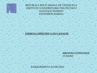 REPUBLICA BOLIVARIANA DE VENEZUELA
INSTITUTO UNIVERSITARIO POLITECNICO
SANTIAGO MARINO
EXTENSION BARINA
ENERGIA ESPECIFICA EN CANALES
ARIANNA GONZALEZ
19.324.801
BARQUISIMETO, JUNIO-2014
 