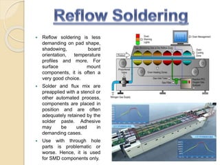  Reflow soldering is less
demanding on pad shape,
shadowing, board
orientation, temperature
profiles and more. For
surface mount
components, it is often a
very good choice.
 Solder and flux mix are
preapplied with a stencil or
other automated process,
components are placed in
position and are often
adequately retained by the
solder paste. Adhesive
may be used in
demanding cases.
 Use with through hole
parts is problematic or
worse. Hence, it is used
for SMD components only.
 